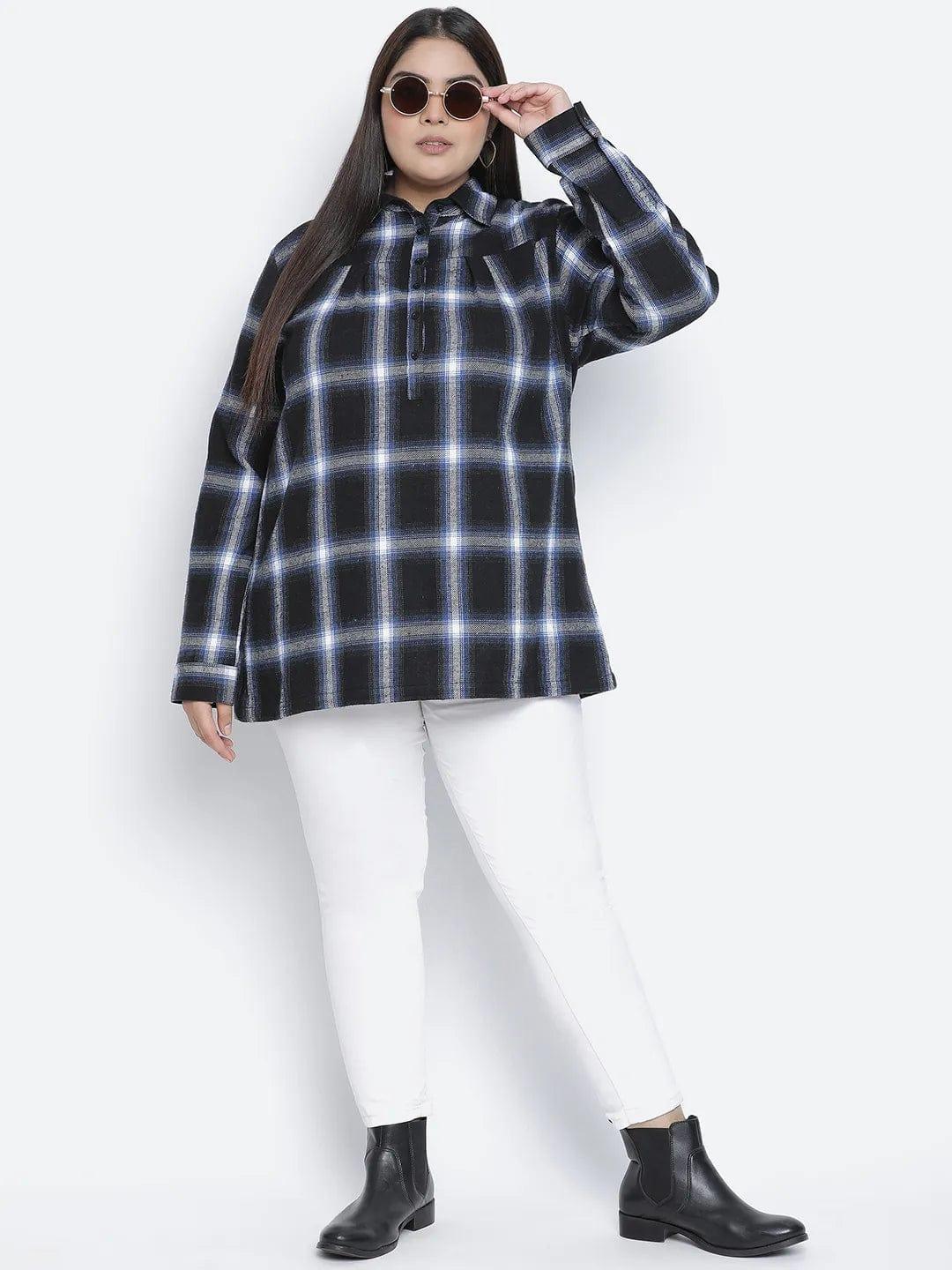 Iceberg Blue Brush Check Plus Size Women Tunic