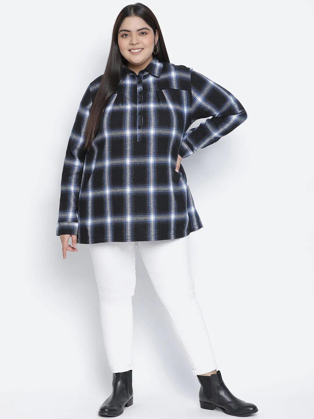 Iceberg Blue Brush Check Plus Size Women Tunic