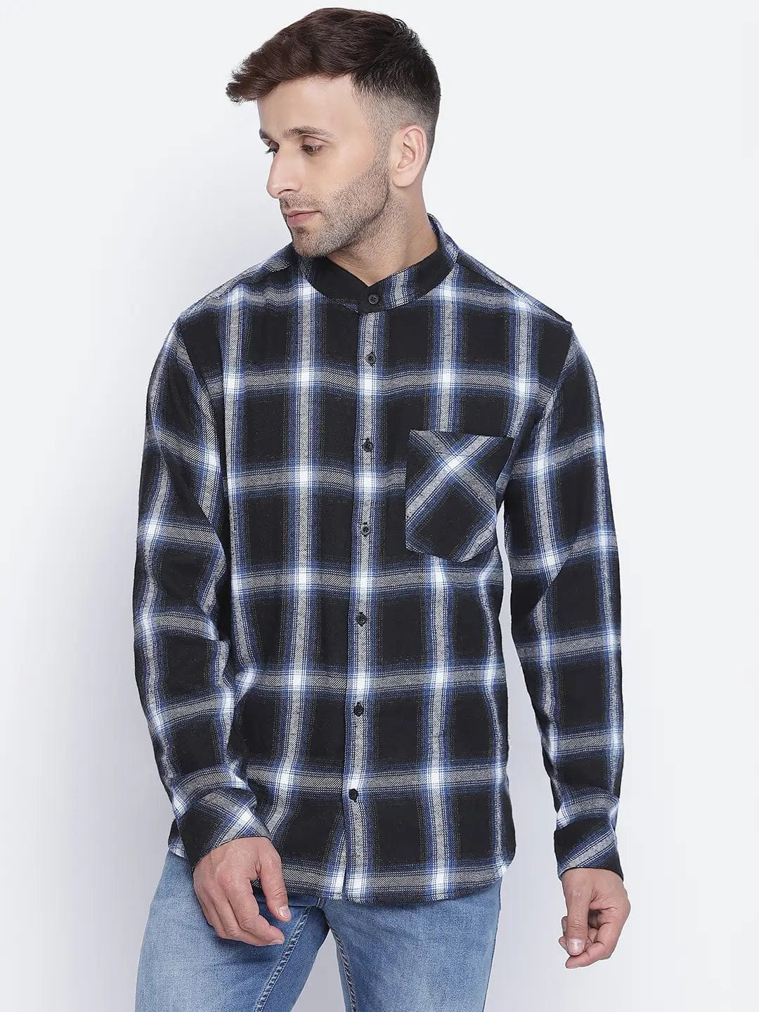 Cloudy Blue Brush Check Men Shirt