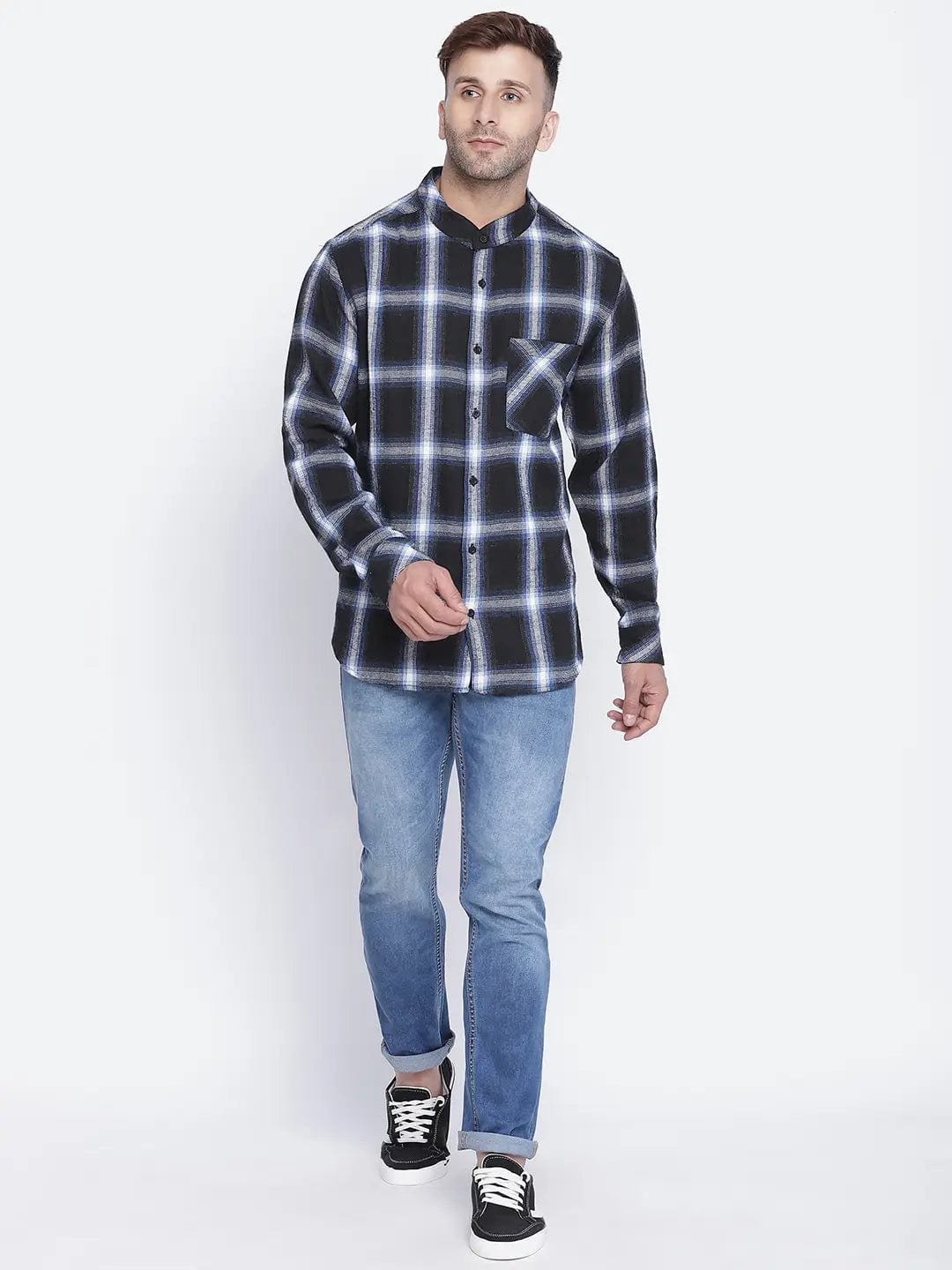 Cloudy Blue Brush Check Men Shirt