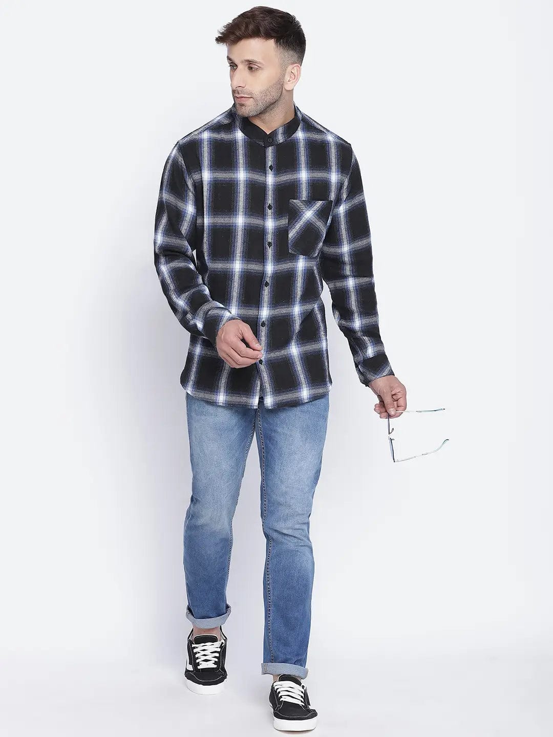 Cloudy Blue Brush Check Men Shirt