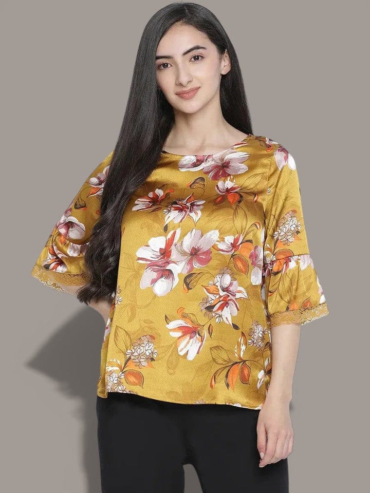 Women's Mustard Flower Printed Nightwear Top