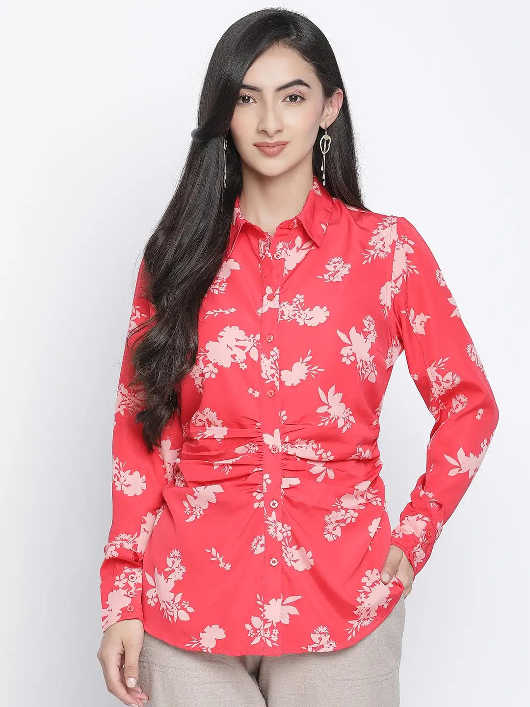 Rizzling Red Floral Print Women Shirt