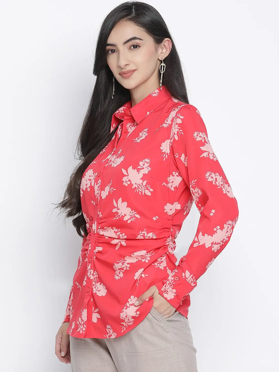 Rizzling Red Floral Print Women Shirt