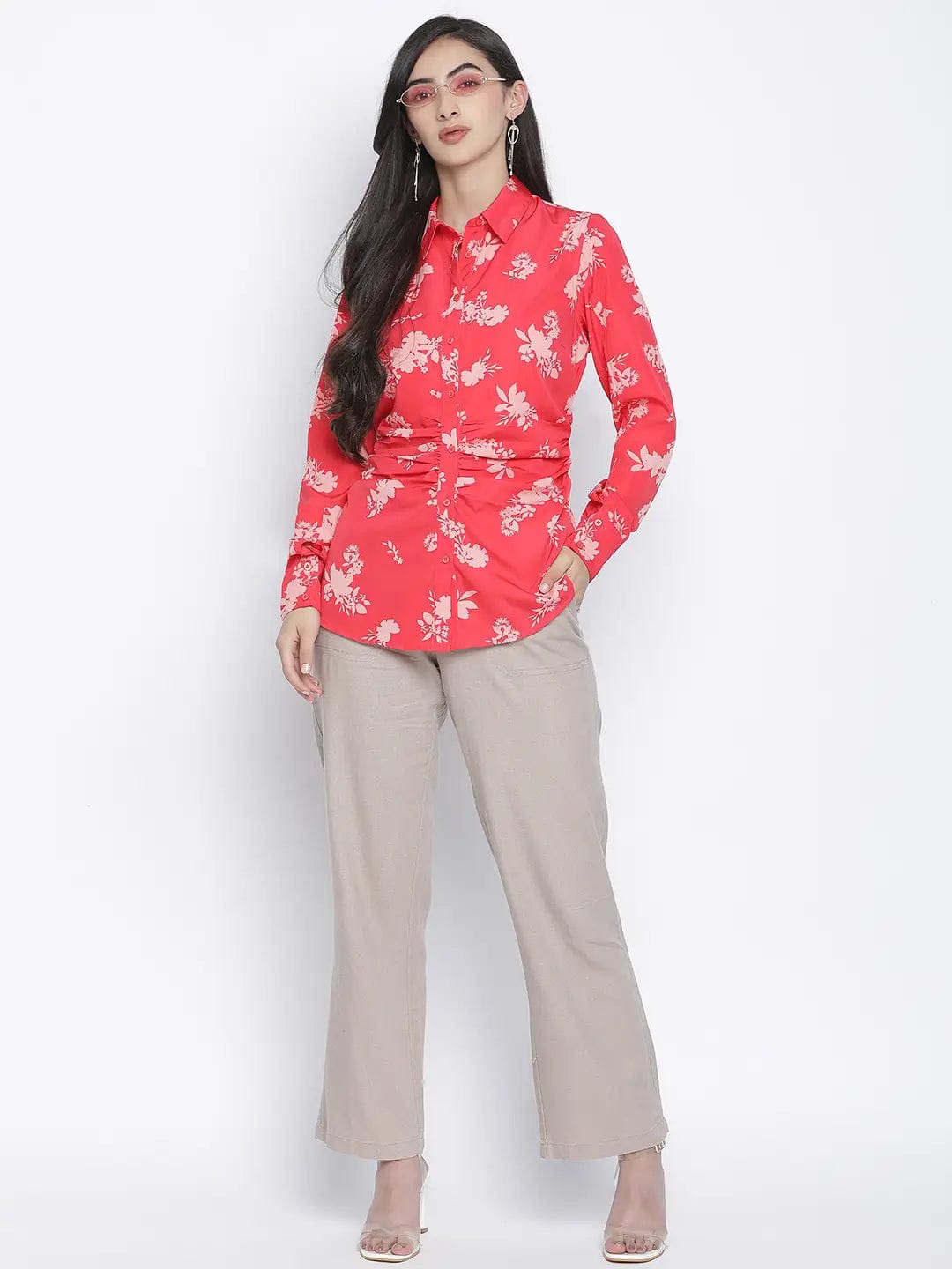 Rizzling Red Floral Print Women Shirt