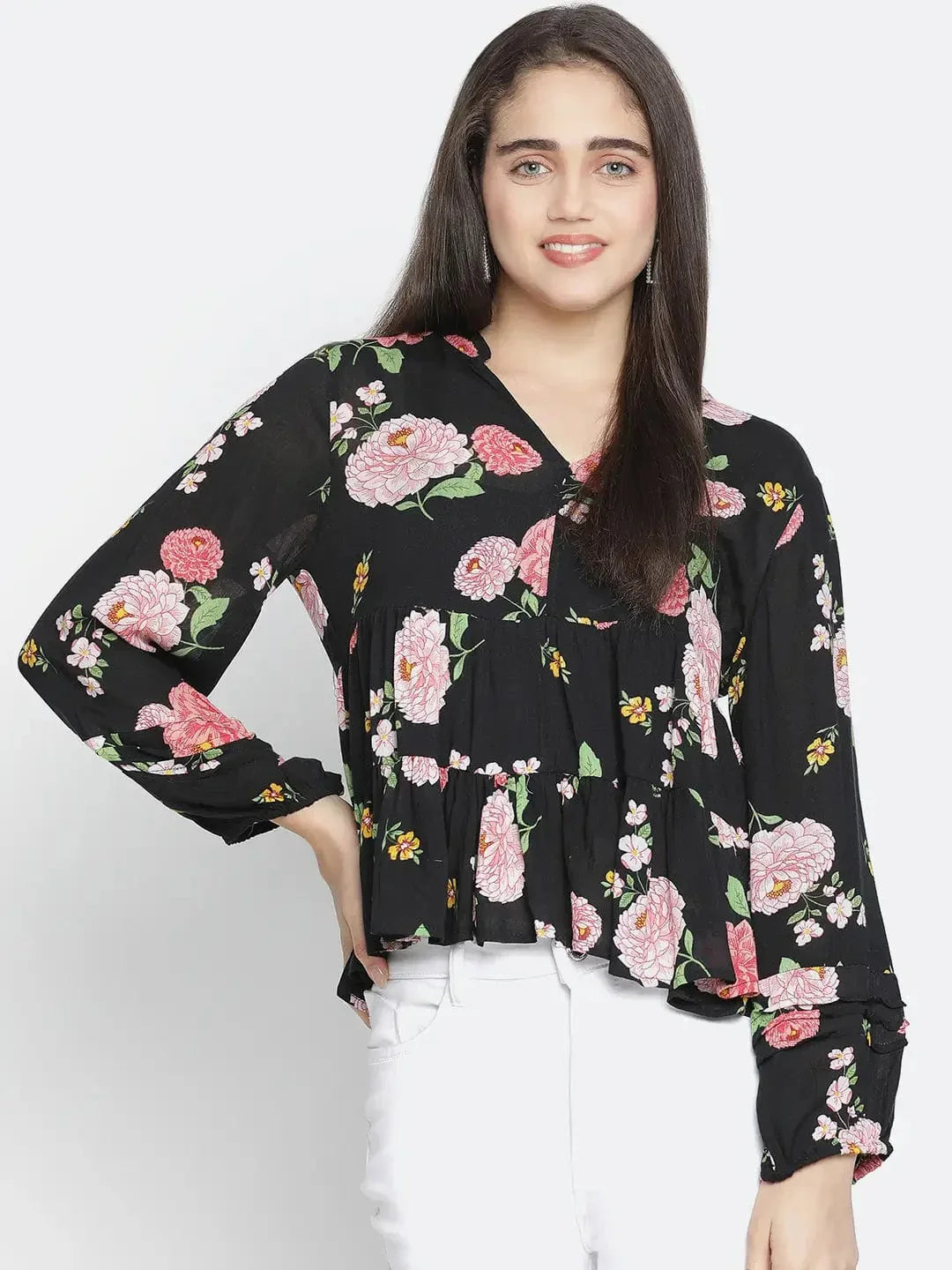 Chaklic Sleek Black Floral Print Women Top - oxolloxo