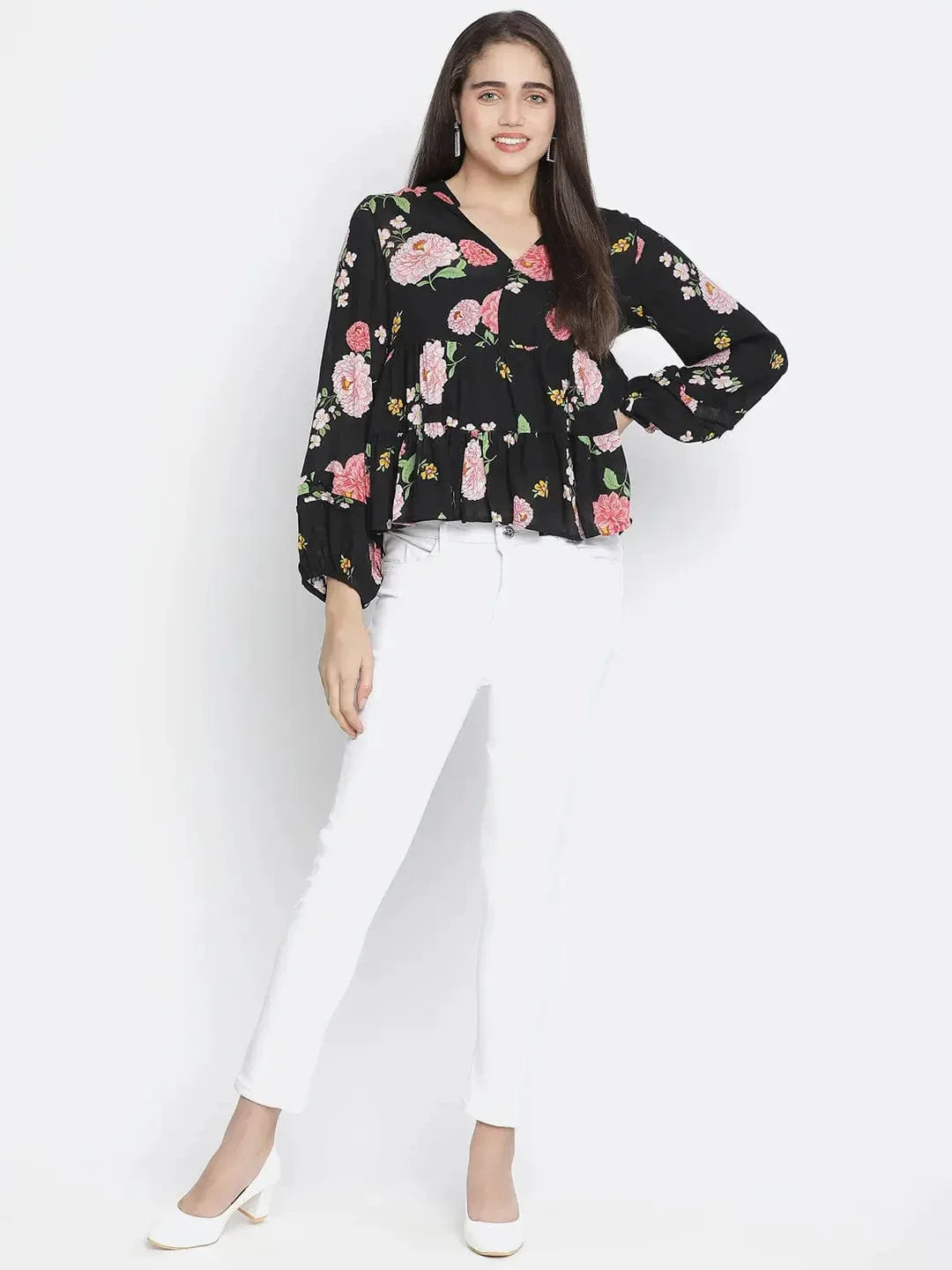Chaklic Sleek Black Floral Print Women Top - oxolloxo