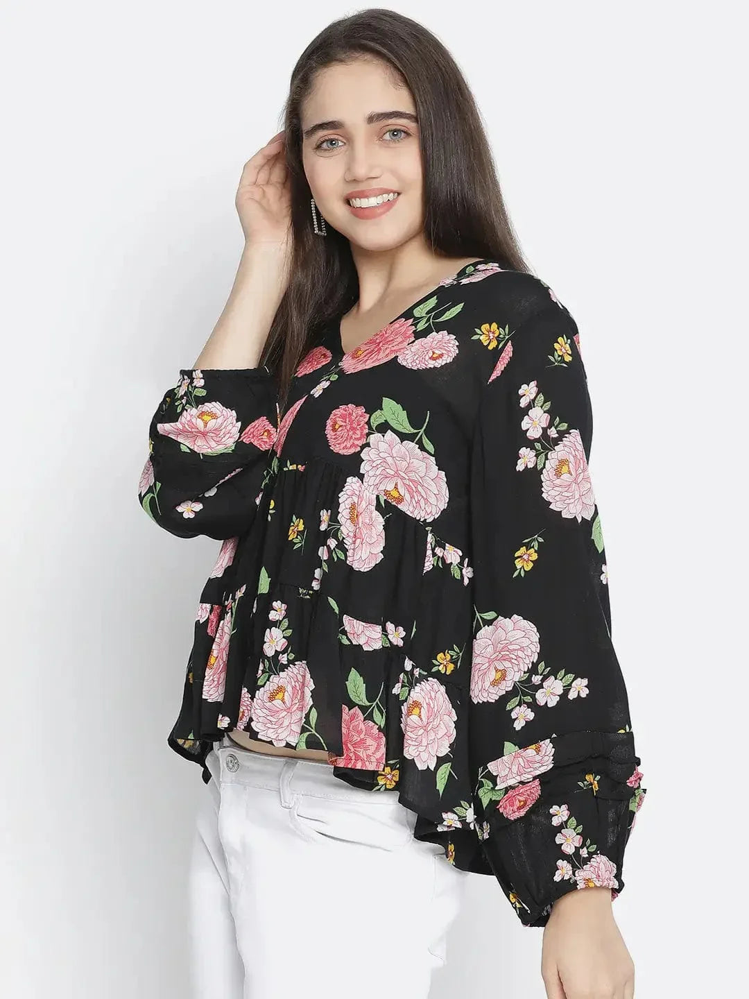 Chaklic Sleek Black Floral Print Women Top - oxolloxo