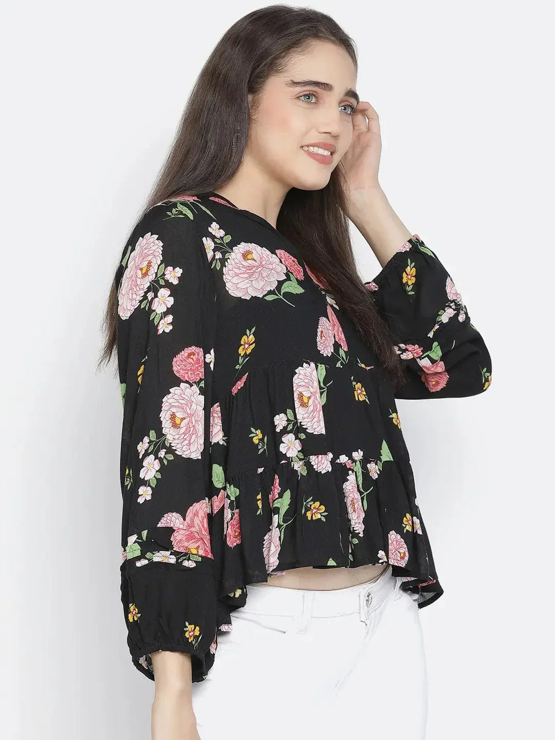 Chaklic Sleek Black Floral Print Women Top - oxolloxo