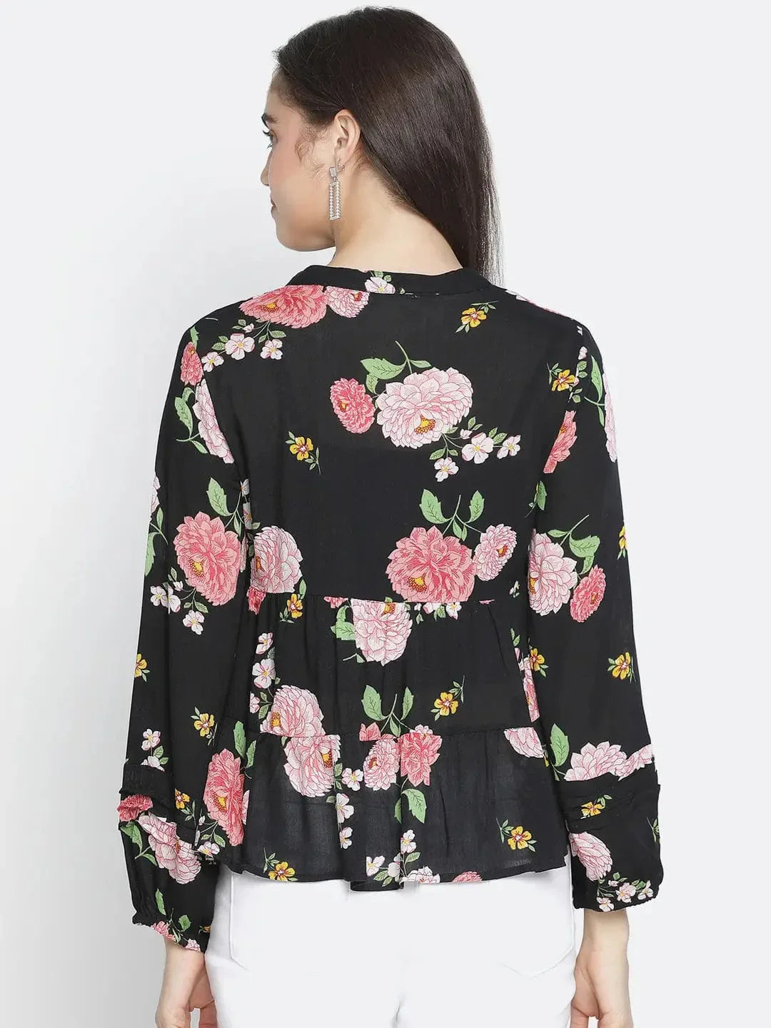 Chaklic Sleek Black Floral Print Women Top - oxolloxo