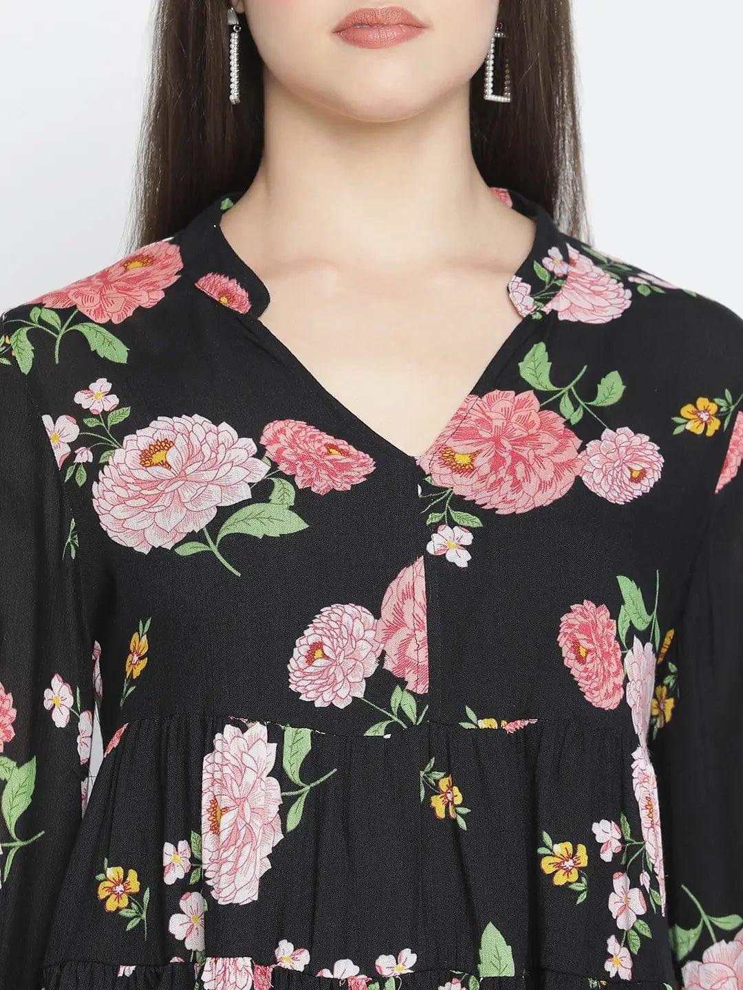 Chaklic Sleek Black Floral Print Women Top - oxolloxo