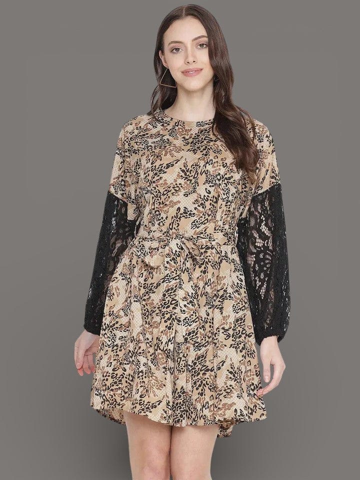 Floral Lace Dress - Brick Brown Party Wear With Lace Sleeves & Flared Hem
