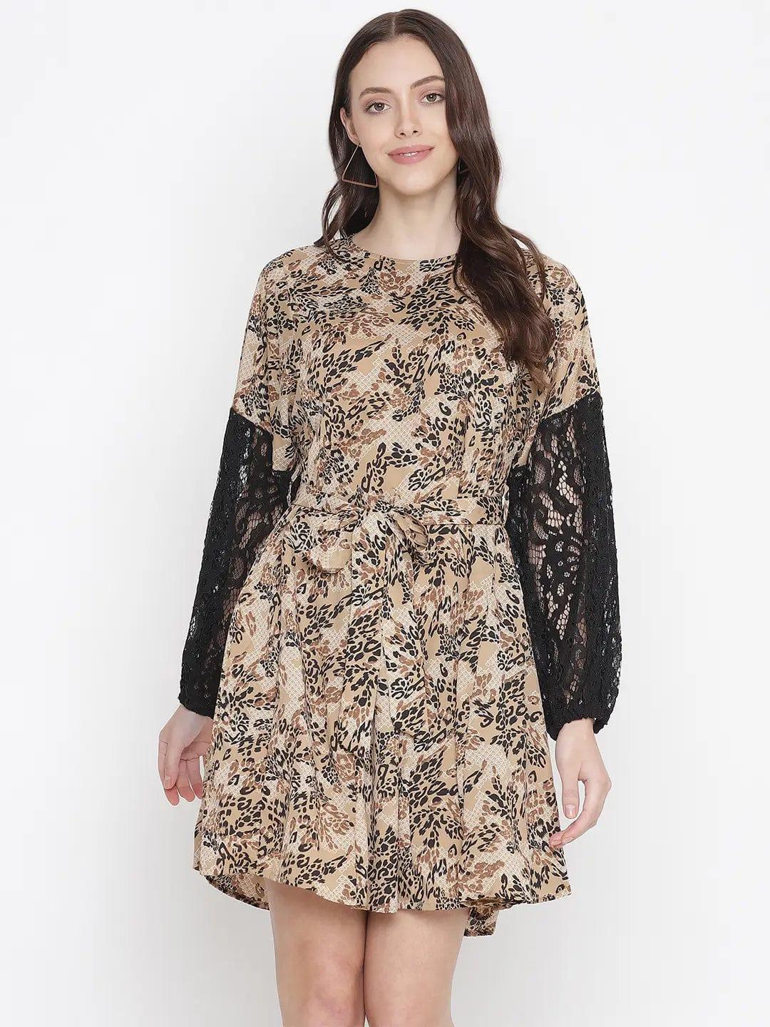 Brick Brown Floral Printed Sleeve Lace Fabric Women Dress - oxolloxo