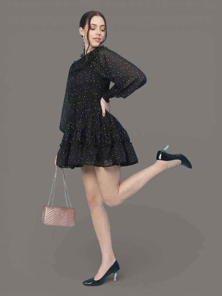 Black Lurex Dress - Women's Gathered Pleat Polyester Party Dress With Smocked Sleeves