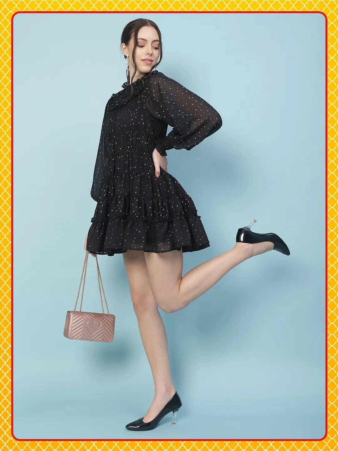 Vancy Black With Lining Lurex Print Gathered Women Dress