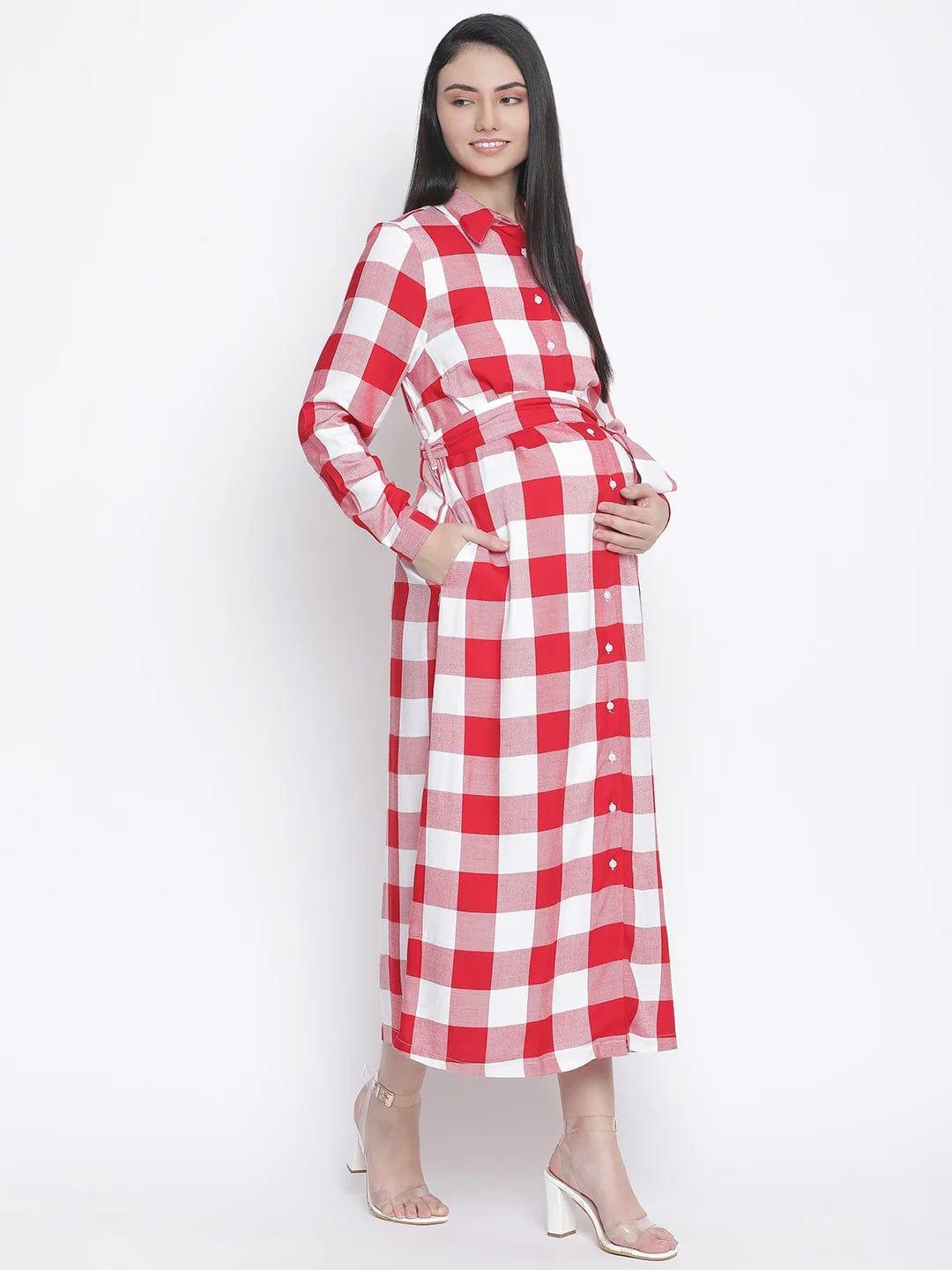 Cerise Red Check Print Long Maternity Dress For Expecting