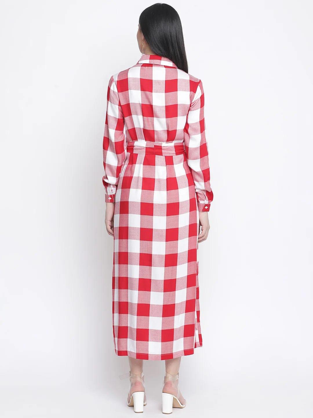 Cerise Red Check Print Long Maternity Dress For Expecting