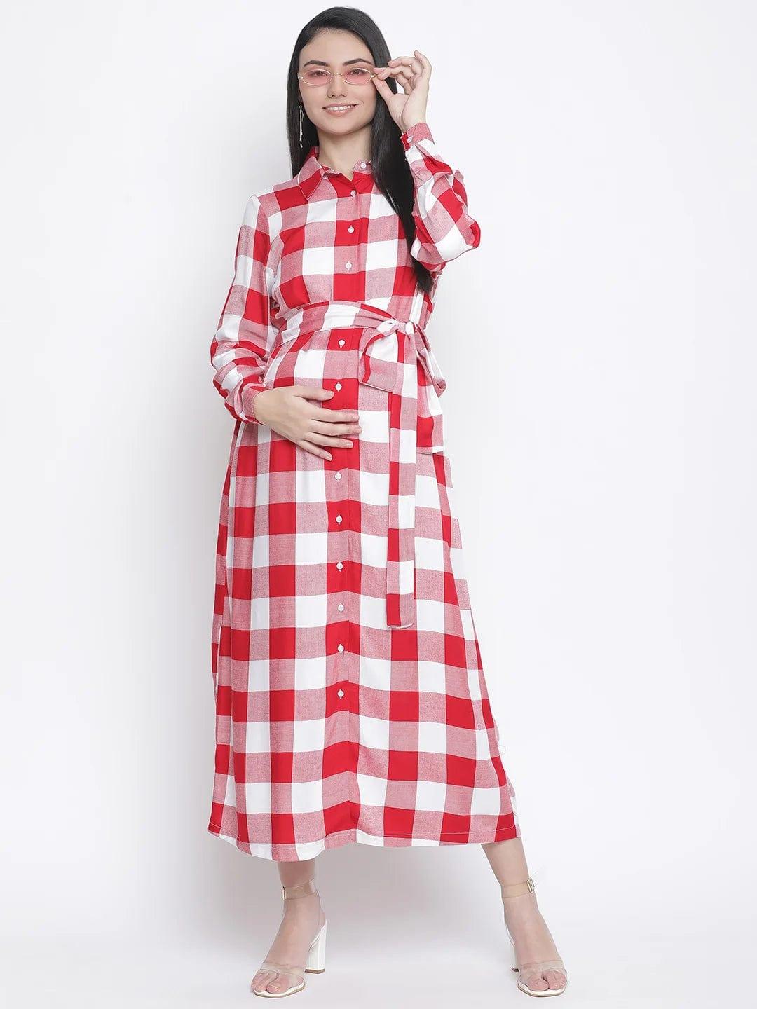 Cerise Red Check Print Long Maternity Dress For Expecting