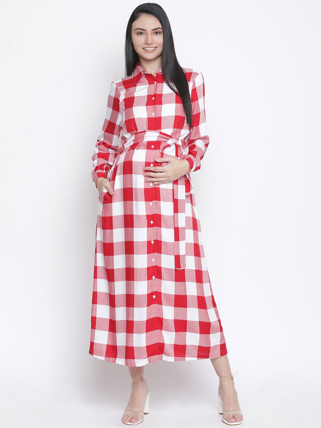 Cerise Red Check Print Long Maternity Dress For Expecting