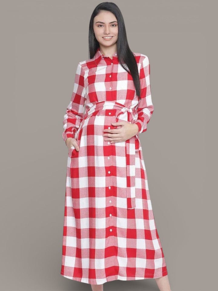 Cerise Red Check Print Long Maternity Dress For Expecting