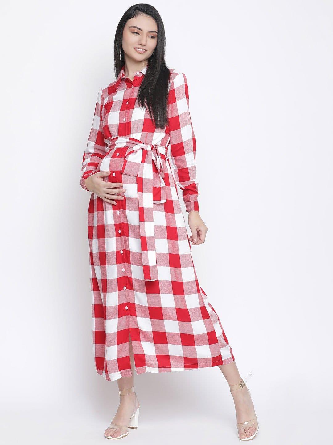 Cerise Red Check Print Long Maternity Dress For Expecting