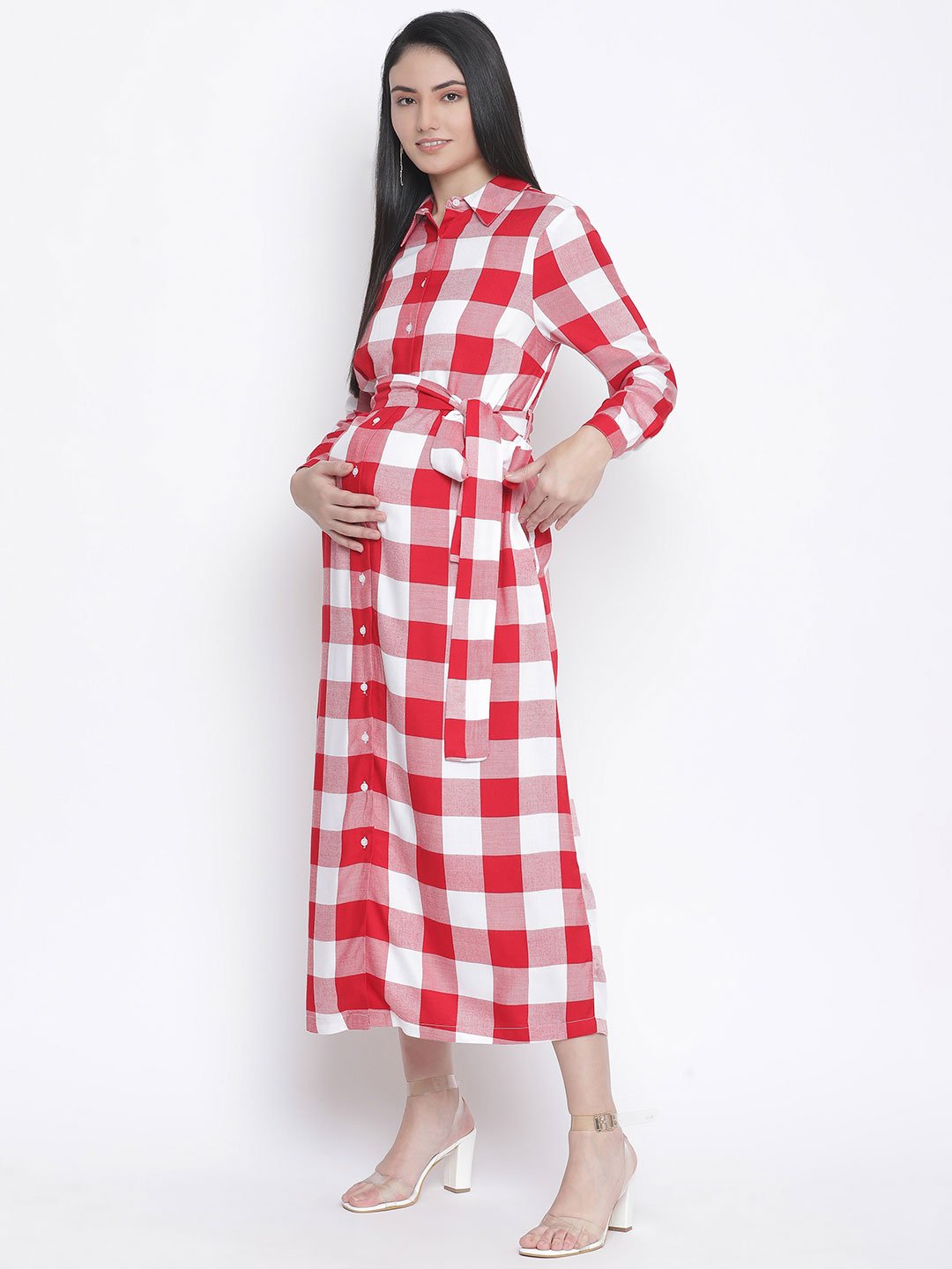 Cerise Red Check Print Long Maternity Dress For Expecting