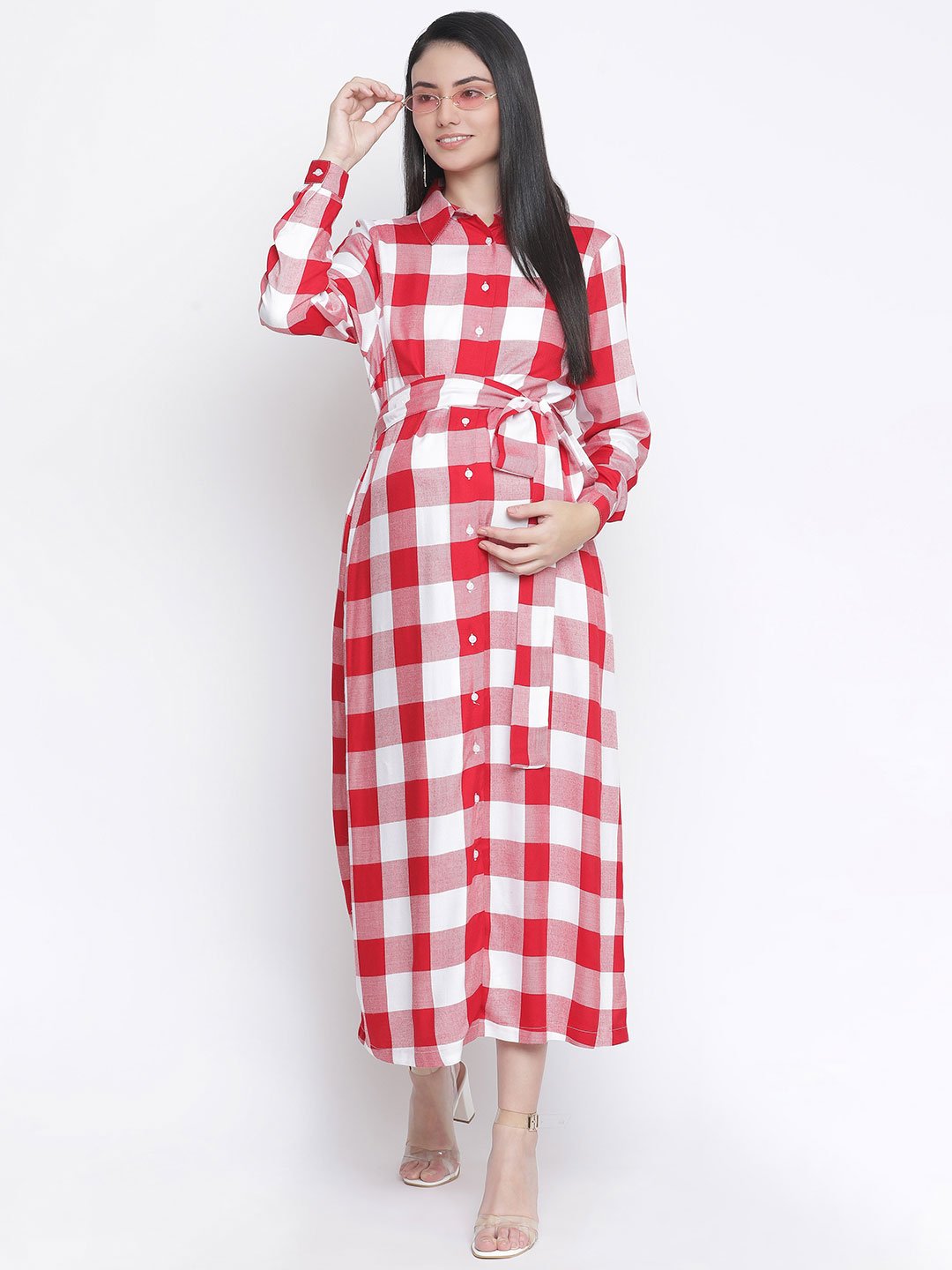 Cerise Red Check Print Long Maternity Dress For Expecting