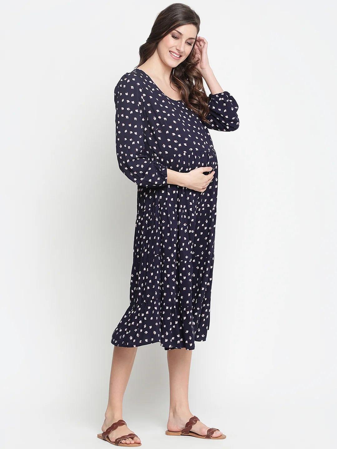 Fancy Blue Polka Print Easy Maternity Dress For Moms