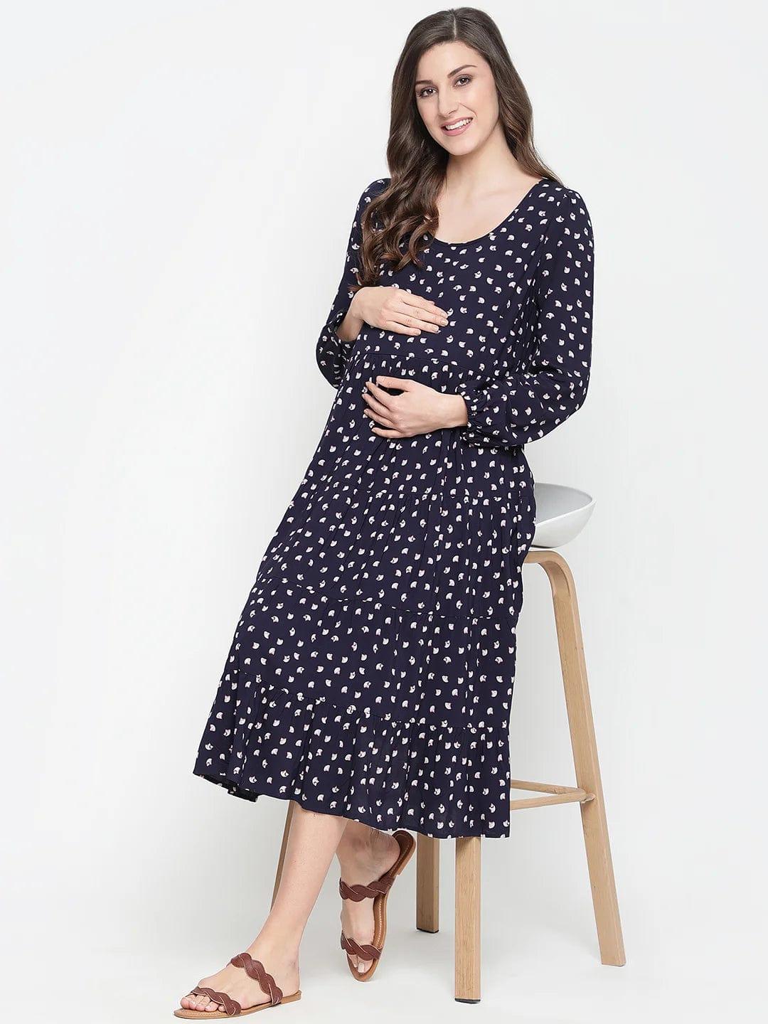 Fancy Blue Polka Print Easy Maternity Dress For Moms