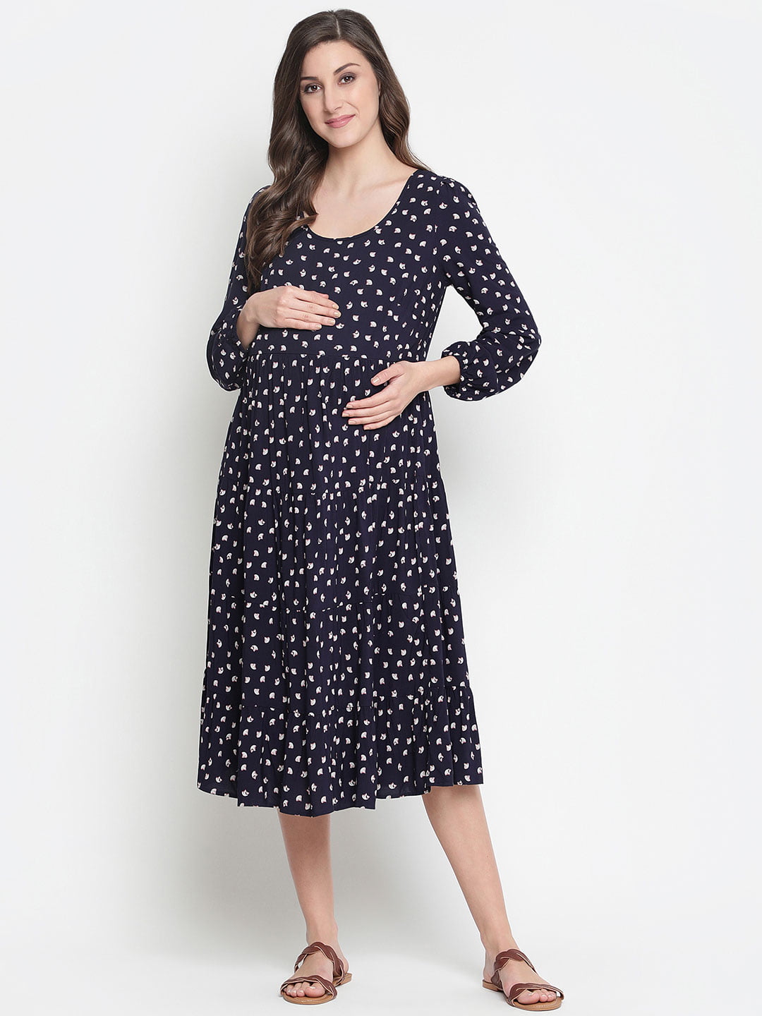 Fancy Blue Polka Print Easy Maternity Dress For Moms