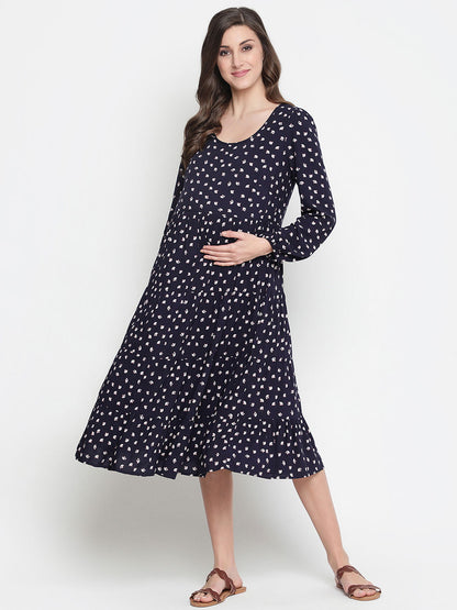 Fancy Blue Polka Print Easy Maternity Dress For Moms