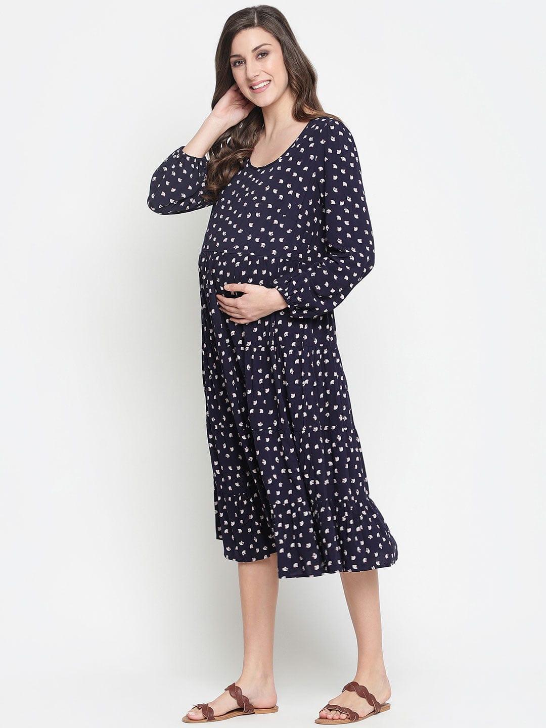 Fancy Blue Polka Print Easy Maternity Dress For Moms