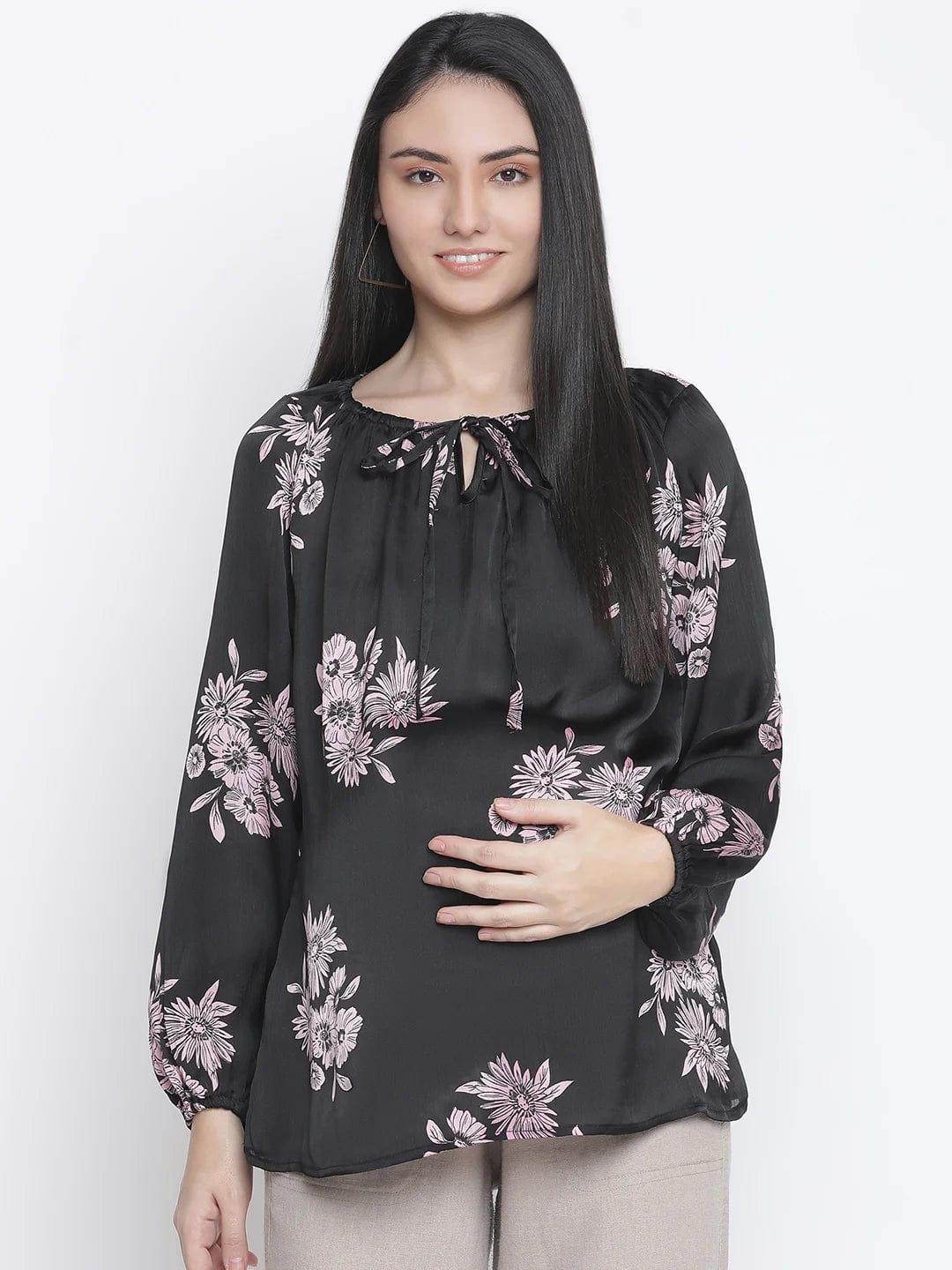 Thrilled Black Floral Print Maternity Top For Expecting Moms