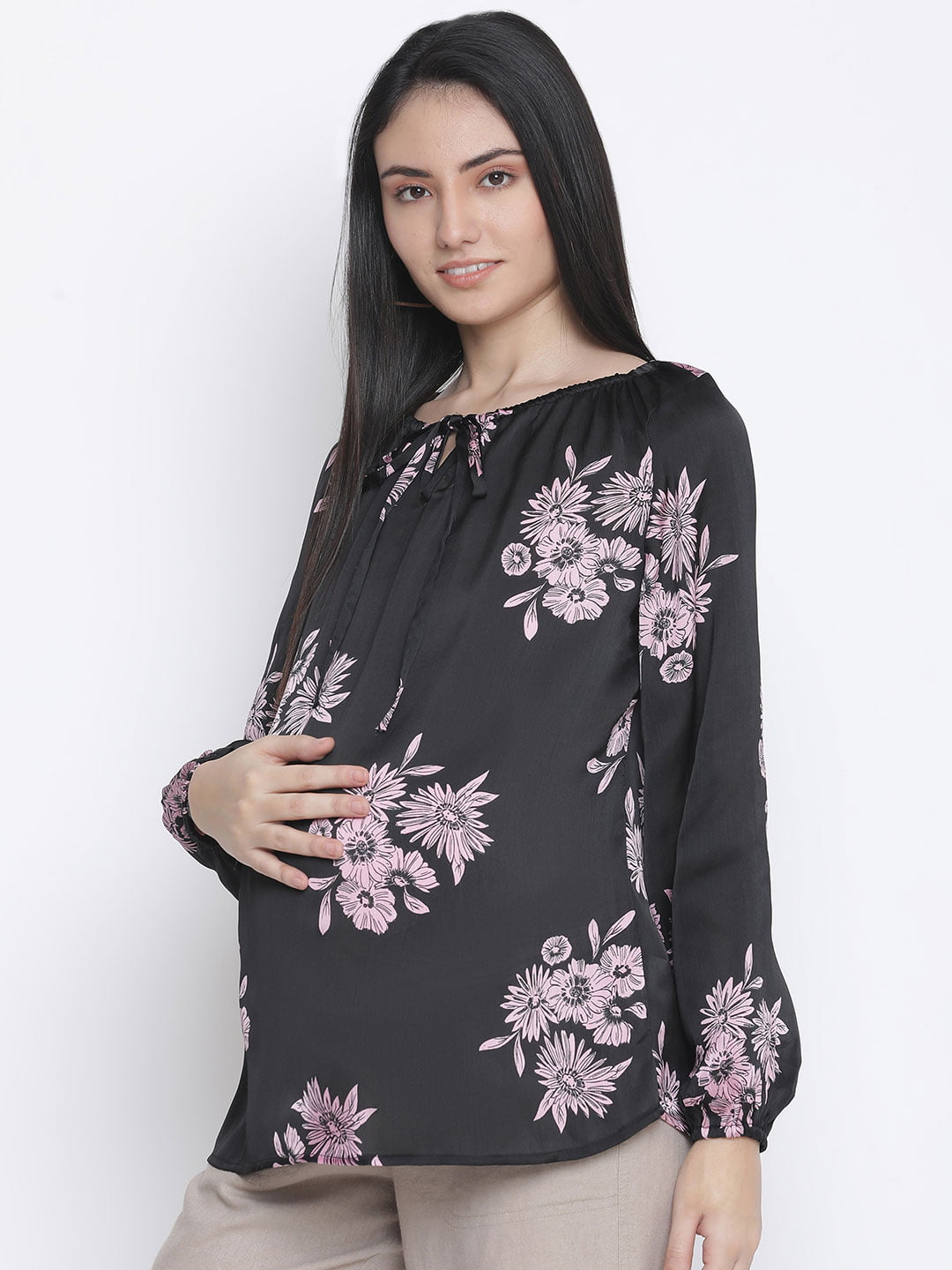 Thrilled Black Floral Print Maternity Top For Expecting Moms