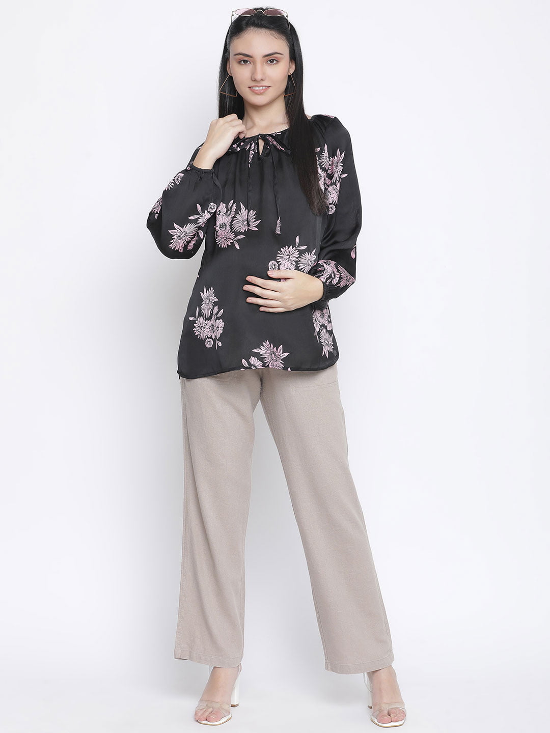 Thrilled Black Floral Print Maternity Top For Expecting Moms