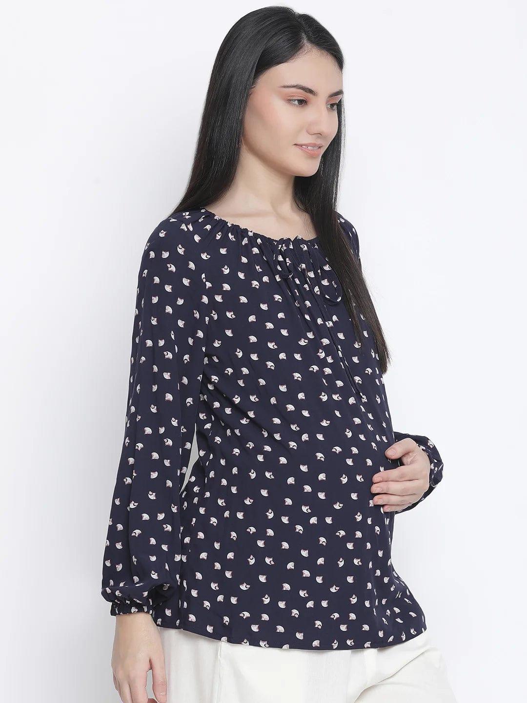 Shining Blue Polka Print Maternity Top For Expecting Mothers