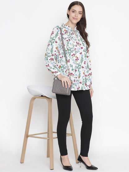 Grandeur White Tie-Knot Floral Print Maternity Tunic for Moms