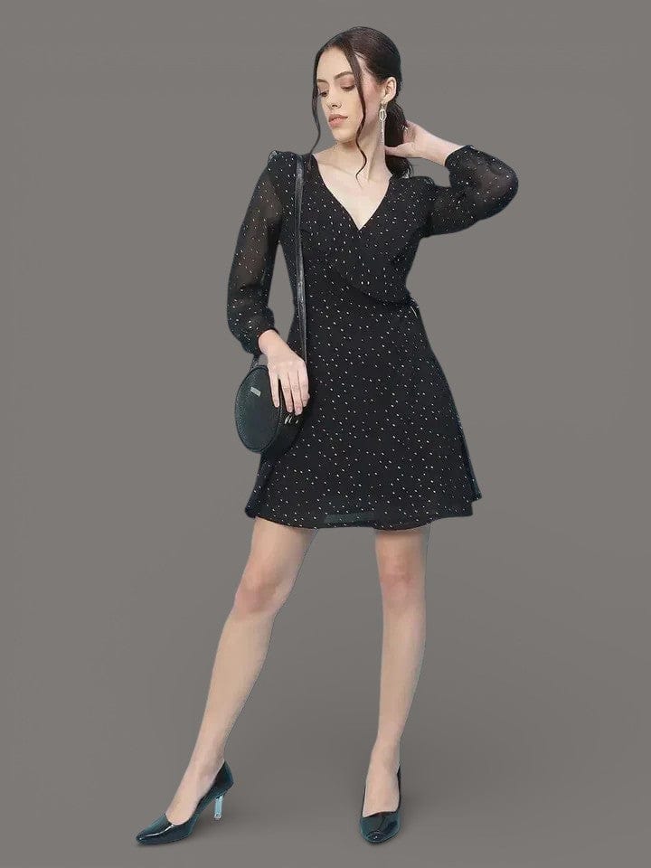 Foil Print Party Dress - Women's Black V-Neck Wrap Dress With Flared Hem