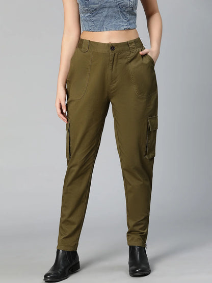 Solid Khaki Elasticated Women Cotton Pants For Everyday Style