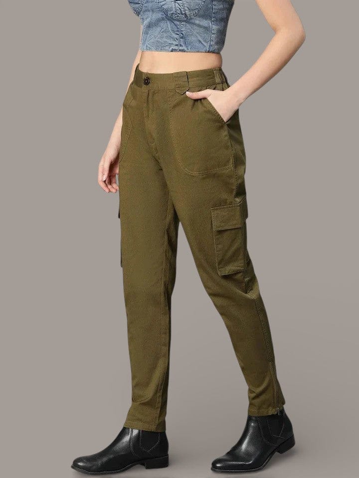 Solid Khaki Elasticated Women Cotton Pants For Everyday Style
