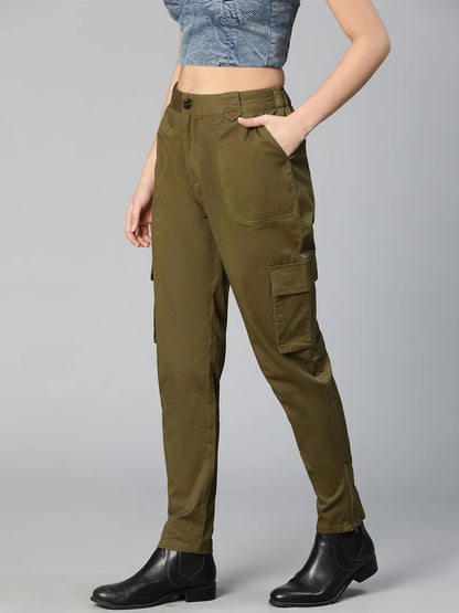 Solid Khaki Elasticated Women Cotton Pants For Everyday Style