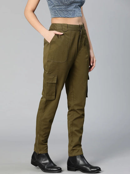 Solid Khaki Elasticated Women Cotton Pants For Everyday Style