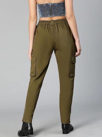 Solid Khaki Elasticated Women Cotton Pants For Everyday Style