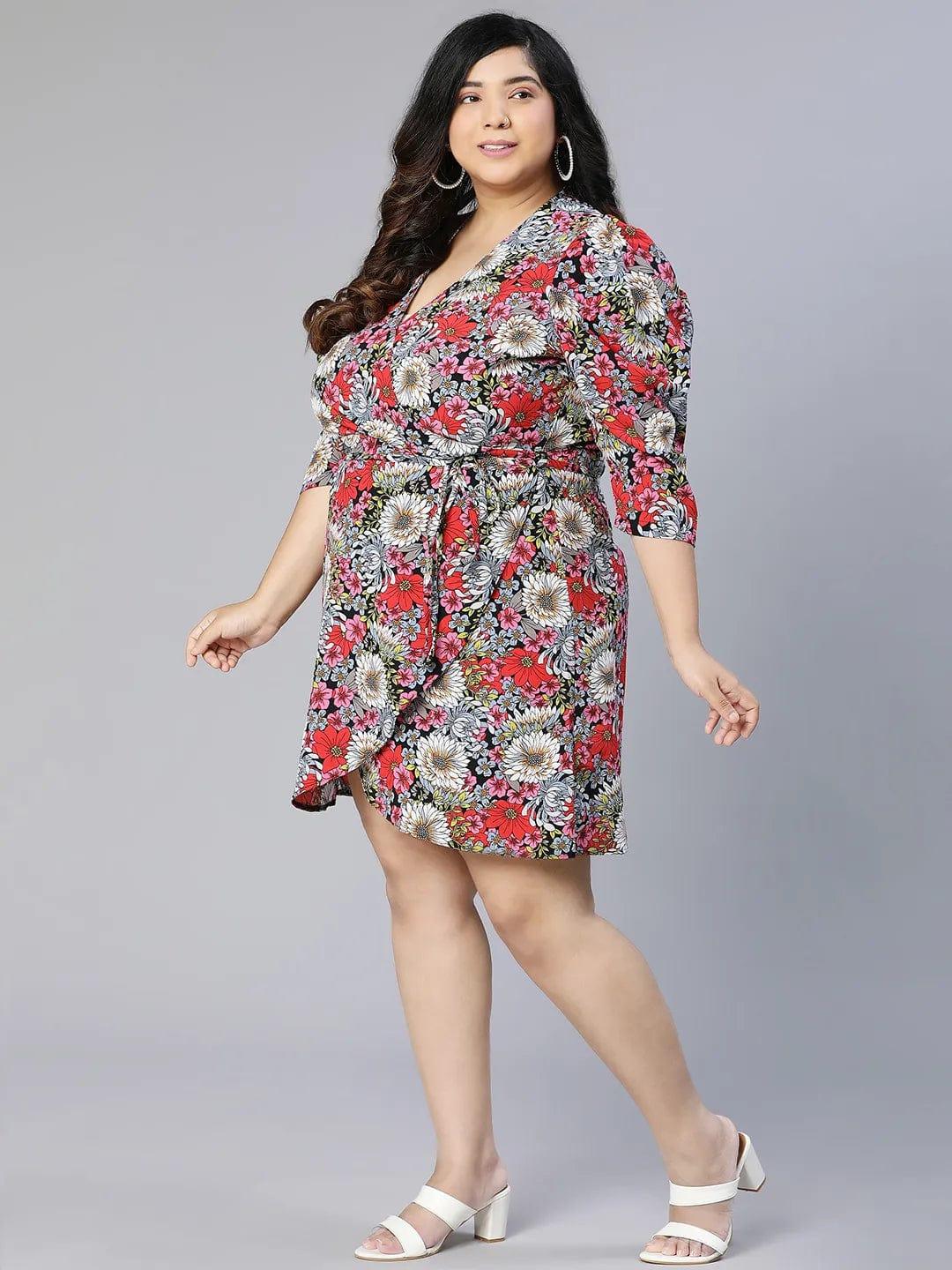 Diva Floral Print Overlapped Women Plus Size Curvy Dress