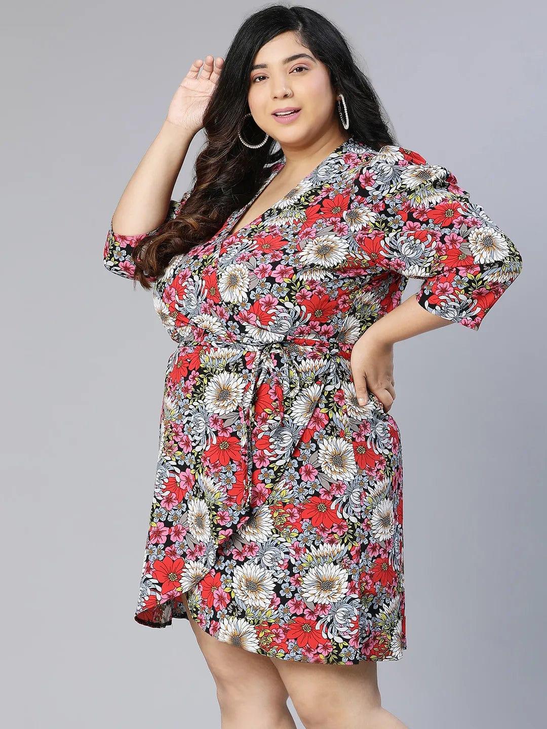 Diva Floral Print Overlapped Women Plus Size Curvy Dress