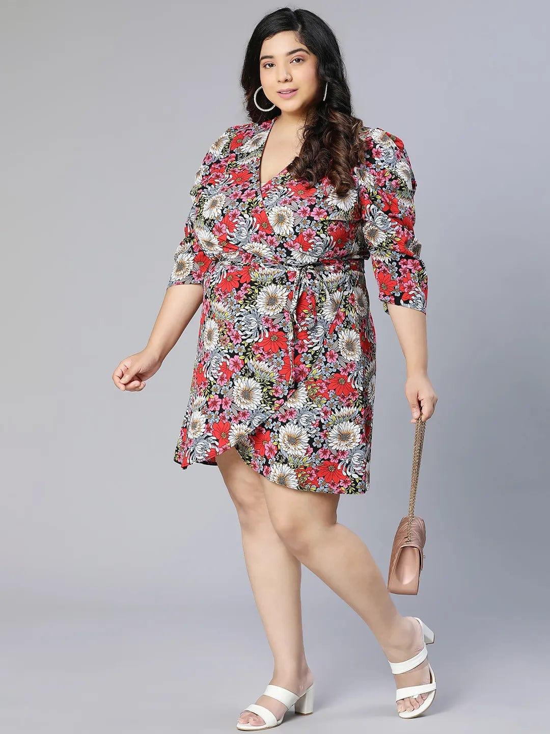 Diva Floral Print Overlapped Women Plus Size Curvy Dress