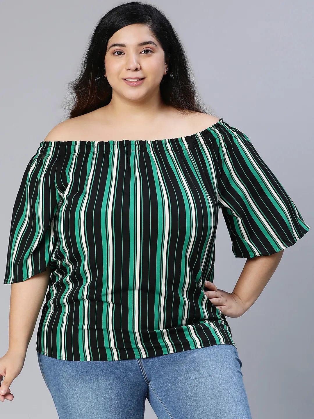 Multicolor Stripe Print Bardot Women Plus Size Top