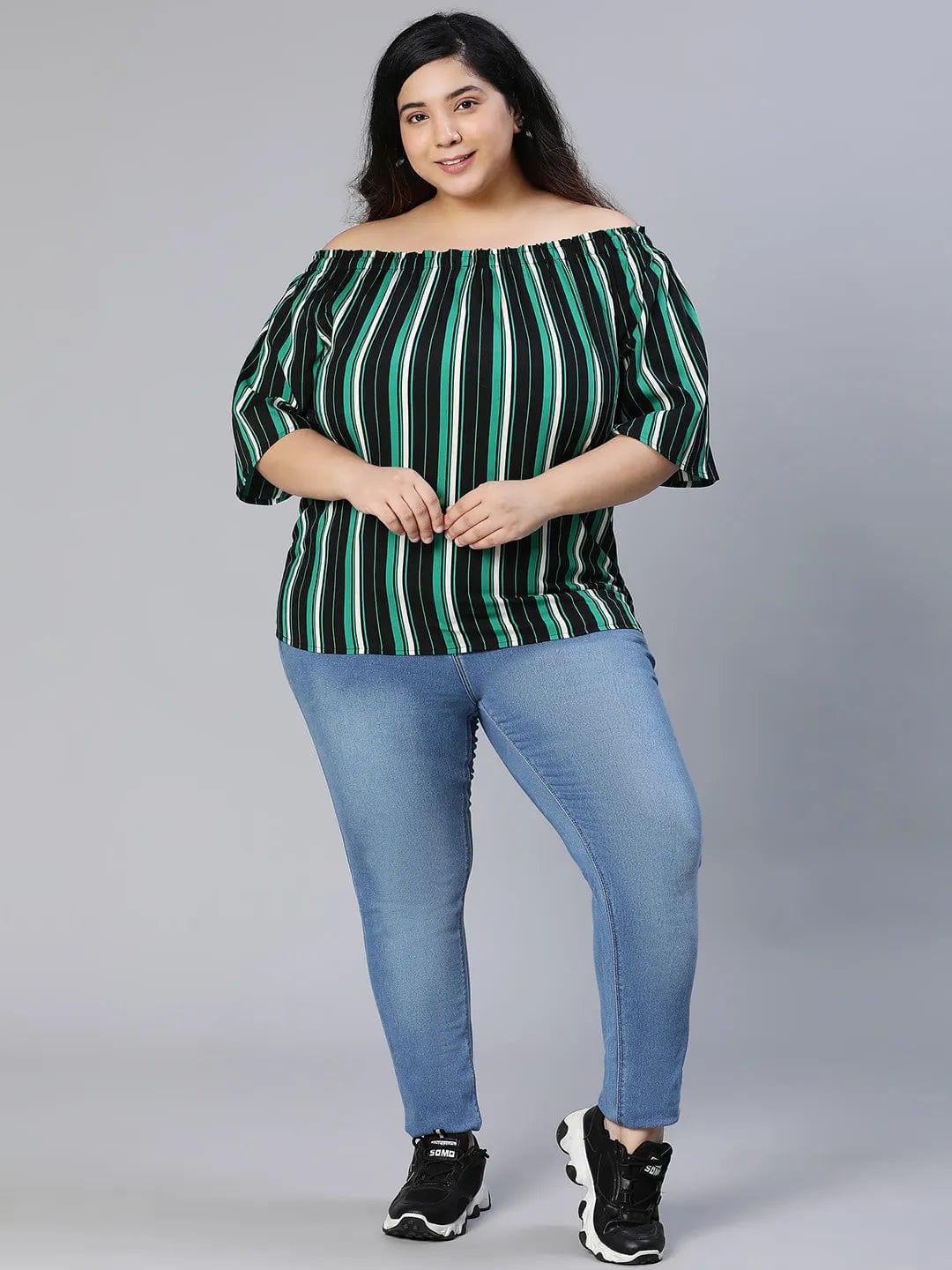 Multicolor Stripe Print Bardot Women Plus Size Top