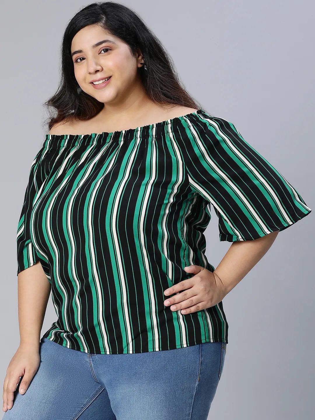 Multicolor Stripe Print Bardot Women Plus Size Top