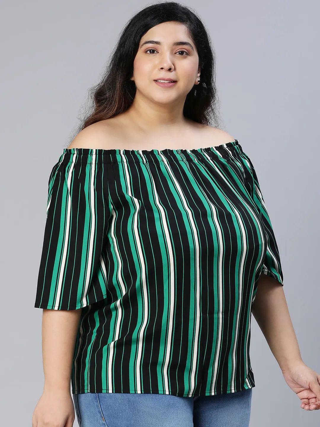 Multicolor Stripe Print Bardot Women Plus Size Top